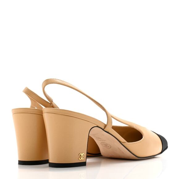 Chanel Goatskin Grosgrain Cap Toe Cc Slingback Pumps- 38.5 US 8.5 Beige/Black - Picture 2 of 4